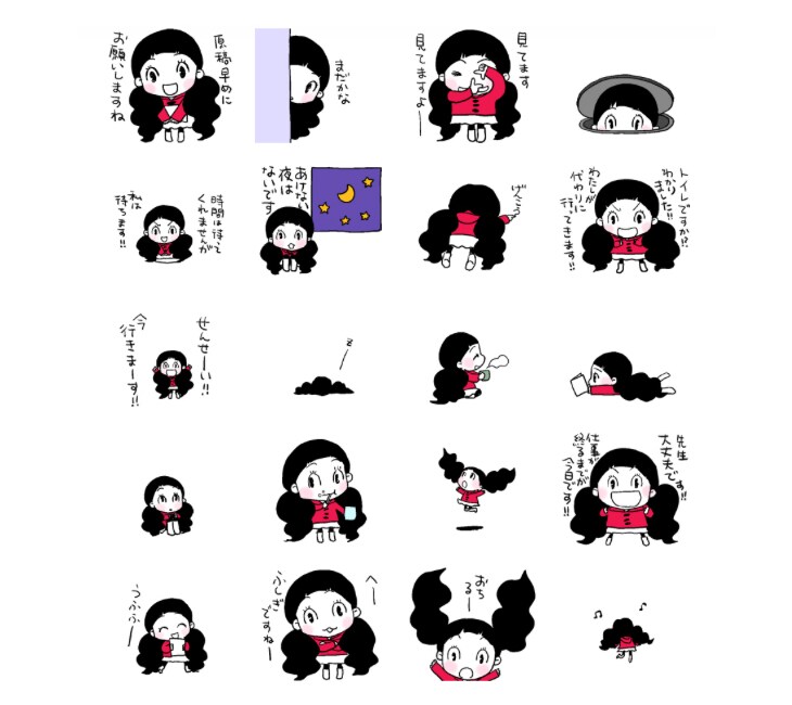 LINEスタンプ「年末進子ちゃん」の一部。