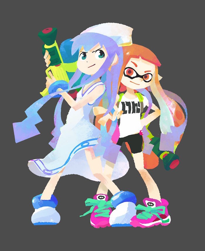 任天堂スタッフが描いた、「Splatoon」と「侵略！イカ娘」のコラボイラスト。(c)安部真弘（週刊少年チャンピオン） (c)2015 Nintendo