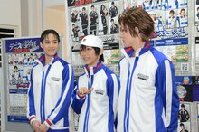 囲み取材に応じる大石秀一郎役の石田隼、越前リョーマ役の古田一紀、手塚国光役の財木琢磨。 (c)許斐 剛／集英社・NAS・新テニスの王子様プロジェクト (c)許斐 剛／集英社・テニミュ製作委員会