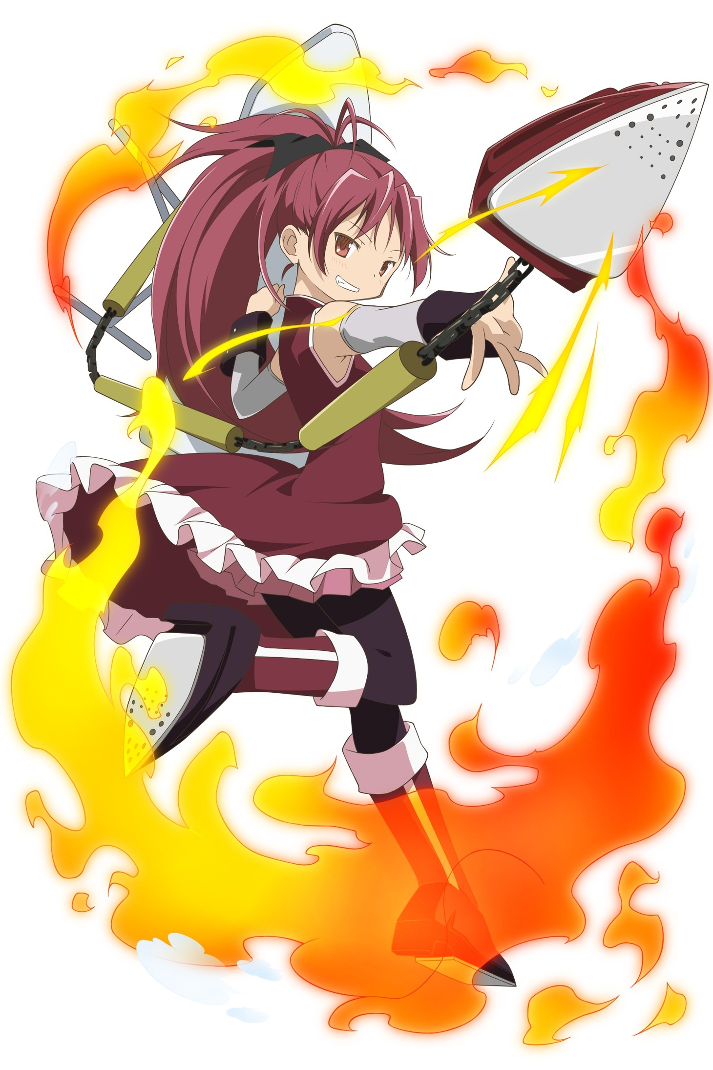 スチームアイロンの家電少女となった佐倉杏子。魔法少女の姿にスチームアイロンの機能が付加されている。突然家電少女になってしまった状況に苛立ちを感じつつも、そのシワ取りの能力は抜群。槍の様なアイロンを自由自在に操り、どんなに硬い折り目も1発で直し、ニットも柔らかく仕上げてしまう。仕上げのスピードもピカイチ。(c)Aniplex Mobile