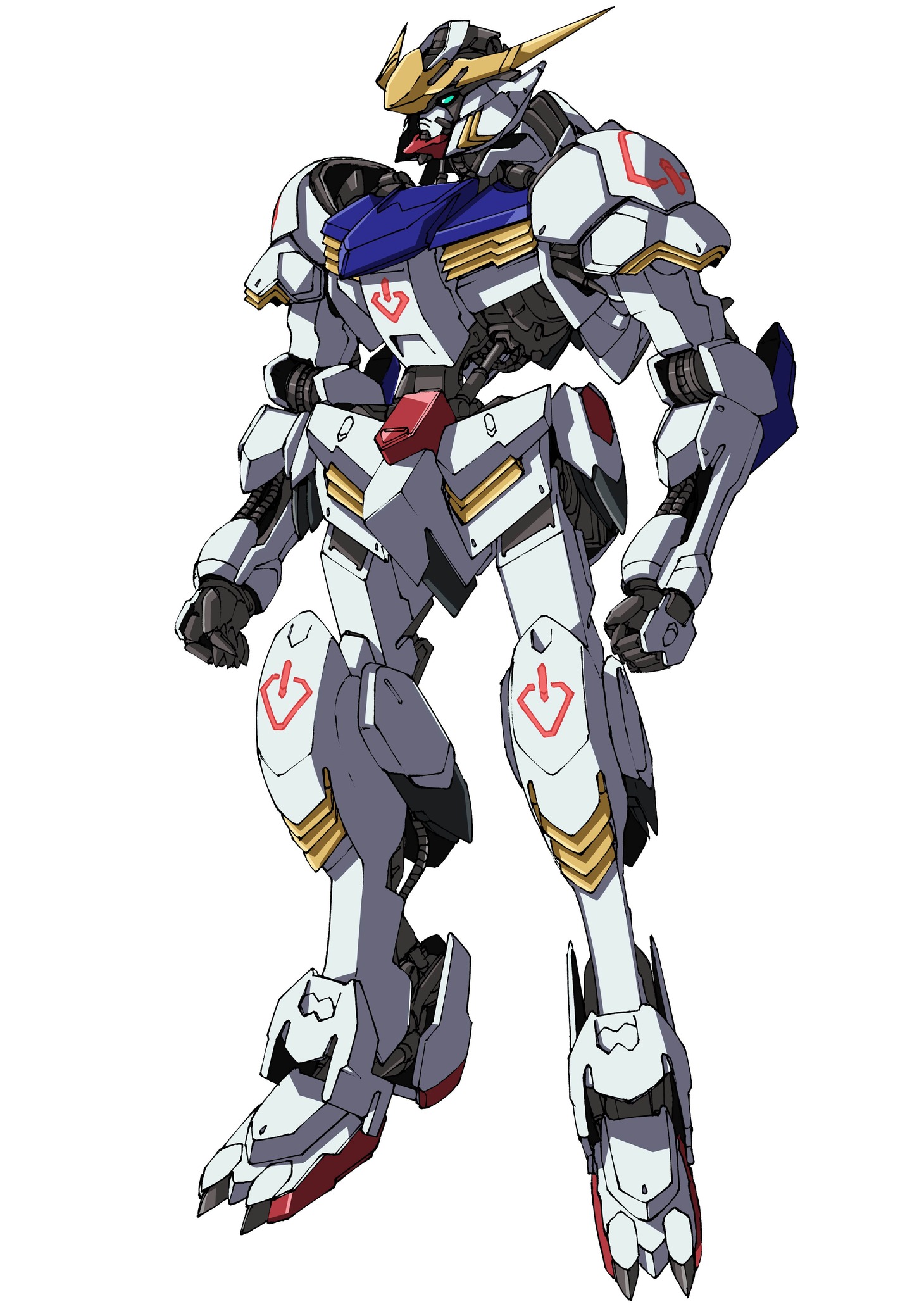 ガンダム・バルバトス。300年前の「厄祭戦」に用いられていたガンダムフレームの一機で、長い間CGSの動力炉として使用されていたモビルスーツ。「ギャラルホルン」の襲撃にあったCGSの少年たちが急遽起動させ、三日月が乗り込んだ。「厄祭戦」から長い年月が経っているため、装甲は劣化し、本来の性能は発揮できていない。(c)創通・サンライズ・MBS