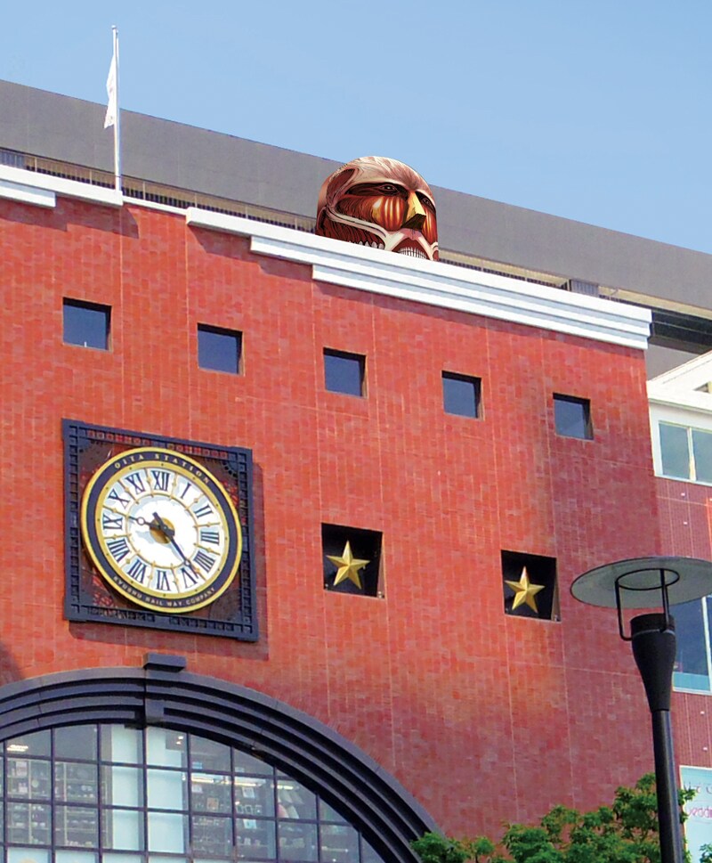 「JR大分駅屋上に超大型巨人出現」のイメージ図。(c)諫山創・講談社/「進撃の巨人展」製作委員会