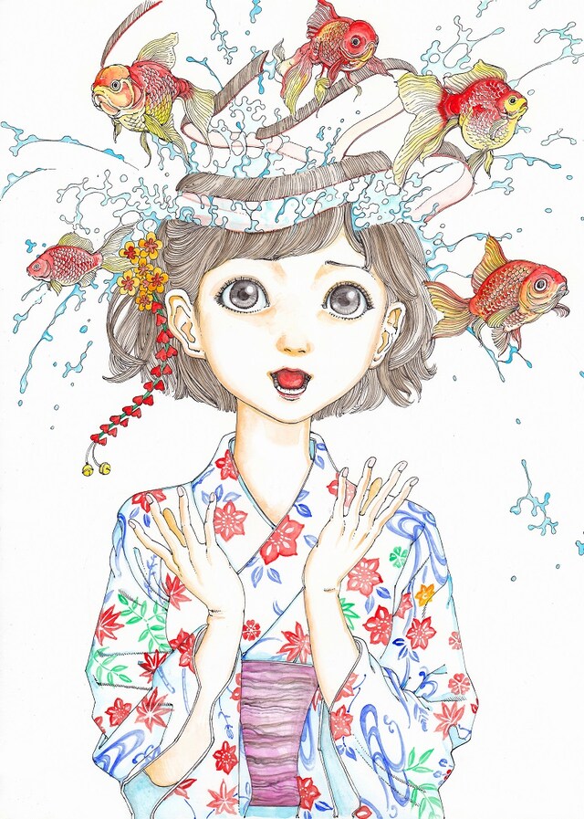 「駕籠真太郎個展 日本の夏 奇想の夏」展示作品より「金魚」。