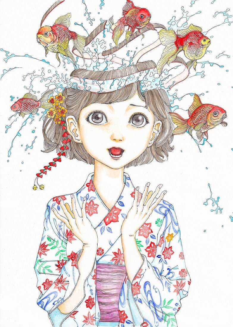 「駕籠真太郎個展 日本の夏 奇想の夏」展示作品より「金魚」。