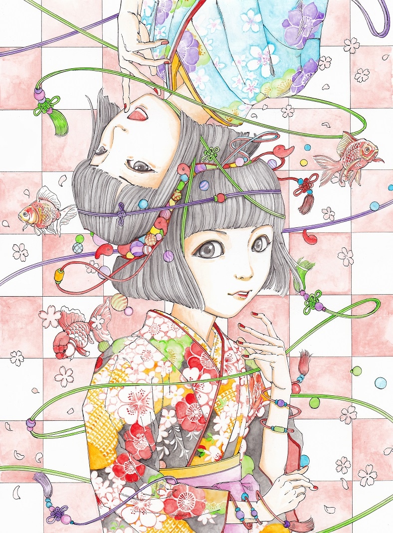 「駕籠真太郎個展 日本の夏 奇想の夏」展示作品より「勾玉と金魚」。
