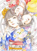 「駕籠真太郎個展 日本の夏 奇想の夏」展示作品より「三人娘」。