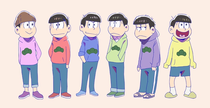 「松パーカー」を着た6つ子たち。左からトド松、おそ松、カラ松、チョロ松、一松、十四松。