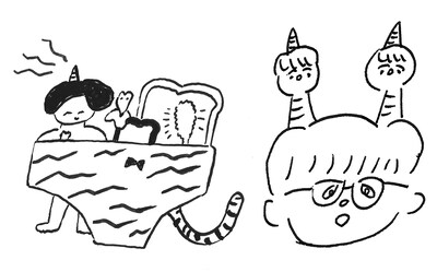 公演「野ばら」にちなんで描かれた鬼のイラスト。左はうえのよう、右は死後くん作。