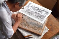 「ドラえもん 浮世絵木版画（富嶽三十六景 程ヶ谷）」制作の様子。