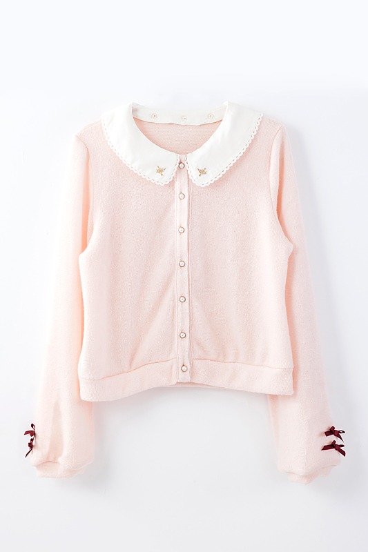 「襟付きカーディガン」のピンク。