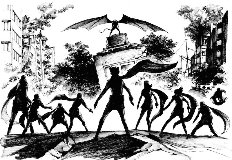 吉富昭仁が手がけたマンガ版「サイボーグ009VSデビルマン」のイラスト。 (c)石森プロ (c)永井豪/ダイナミック企画