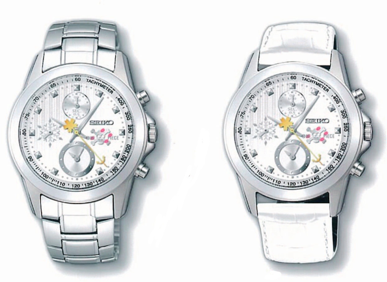 「セイコー×ワンピース チョッパー15周年記念 スペシャルコラボウォッチ」左がメタルバンドタイプ。右が革バンドタイプ。