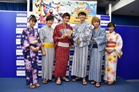 左より山谷花純、中村嘉惟人、西川俊介、多和田秀弥、松本岳、矢野優花。