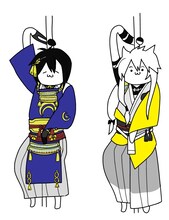 カレー沢薫が描いた、ポールダンスを踊る三日月宗近と小狐丸のイラスト。