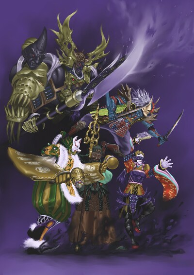 皆川亮二による「スーパー戦隊シリーズ 手裏剣戦隊ニンニンジャー Blu-ray COLLECTION 2」付属ブックレットの表紙イラスト。藤田和日郎のイラストと並べると、ニンニンジャーと戦っている構図になる。