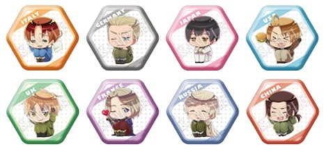 推しなモノブースにて販売されるキャラバッジコレクションのラインナップ。(c)2015 日丸屋秀和・幻冬舎コミックス／ヘタリア製作委員会