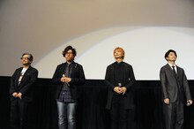 （左から）永井豪、飛鳥了役の日野聡、デビルマン/不動明役の浅沼晋太郎、島村ジョー（009）役の福山潤。