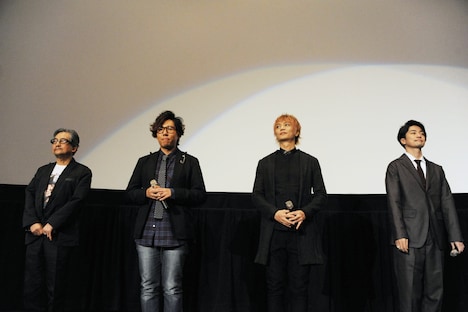 （左から）永井豪、飛鳥了役の日野聡、デビルマン/不動明役の浅沼晋太郎、島村ジョー（009）役の福山潤。