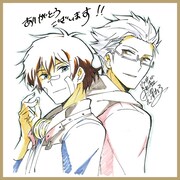 前売り特典に付属する、ナイスとムラサキの色紙風カード。