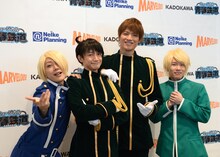 囲み取材に出席したKimeru、永山たかし、滝川英治、豊永利行。