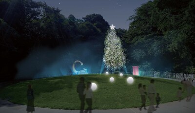 3階「はらっぱ」にあるクリスマスツリー、夜のイメージ。