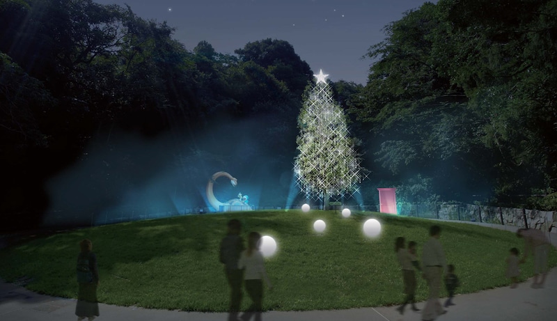 3階「はらっぱ」にあるクリスマスツリー、夜のイメージ。