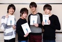 （左から）片倉恵一役の島崎信長、羽柴夏樹役の松岡禎丞、松永智也役の江口拓也、直江剛役の内山昂輝。