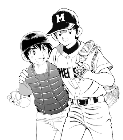 あだち充と満田拓也の合作イラスト。左から「MAJOR 2nd」の茂野大吾、「MIX」の立花投馬。