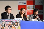 本日行われた「AnimeJapan 2016」プレゼンテーションの様子。（左から）株式会社小学館集英社プロダクションの根岸智也氏、一般社団法人日本動画協会の黒田千智氏、株式会社ぴえろの北村 耕太氏。