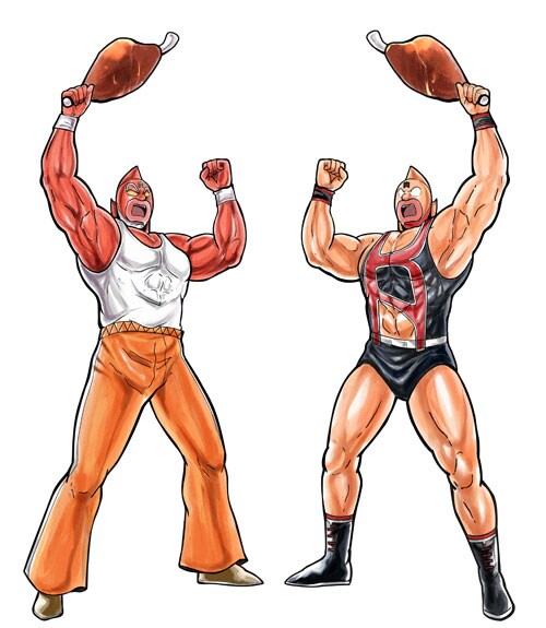 「モンスターハンタークロス」のアイテム・こんがり肉を掲げるマッスル・ブラザーズ。