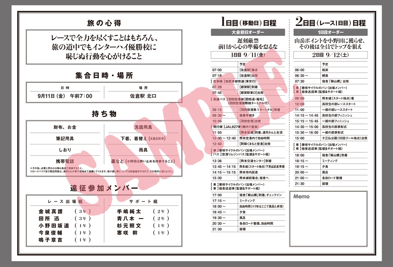 金城真護が作成した総北高校の「旅のしおり」より。