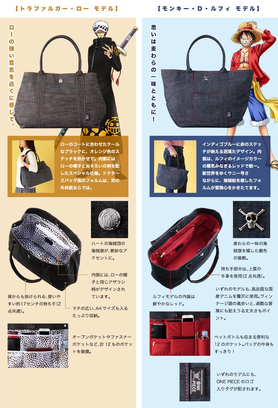 「ルフィ&ロー 海賊同盟 国産デニムの多機能トートバッグ」の詳細。
