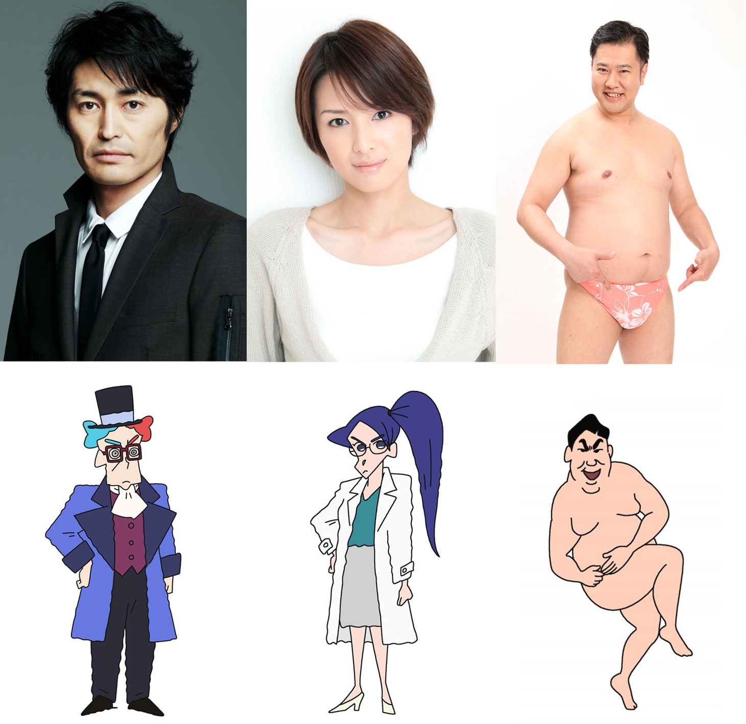 （左上から）安田顕、吉瀬美智子、とにかく明るい安村。下段はそれぞれが演じるキャラクター。