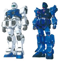 大河原邦男が新たにデザインを手がけた、ブルーディスティニー0号機とブルーディスティニー1号機。