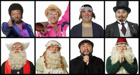 塚地武雅扮する、妄想世界に登場するキャラクター。（左上から時計回りに）麻薬売人、水泳コーチのイヤン＝ヤッケ、親方、ドダリー卿、謎の妖精、神父、女装したダッフンヌ神父、ダッフンヌ神父。