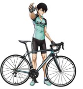 ビアンキの自転車を前に、ビアンキの公式ジャージを着た荒北。