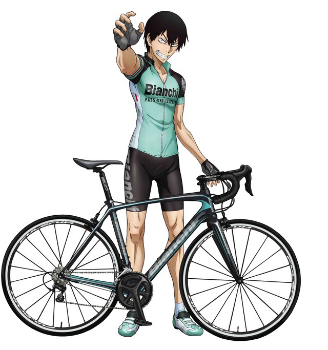 ビアンキの自転車を前に、ビアンキの公式ジャージを着た荒北。