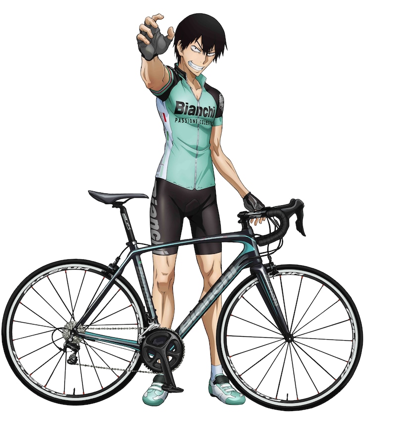 ビアンキの自転車を前に、ビアンキの公式ジャージを着た荒北。