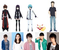 「『AnimeJapan2016』双星の陰陽師 レゾナンステージ その2」に登場するキャストと、それぞれが演じるキャラクター。（左から）焔魔堂ろくろ（CV:花江夏樹）、化野紅緒（CV:潘めぐみ）、石鏡悠斗（CV:村瀬歩）、きなこ（CV:福山潤）、椥辻亮悟（CV:前野智昭）