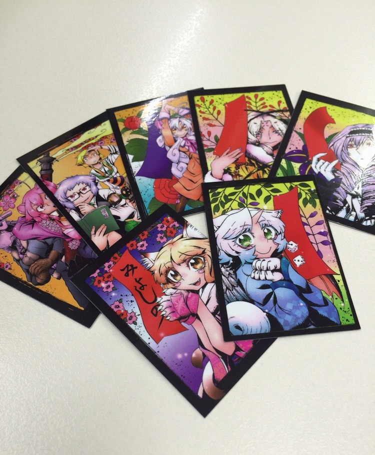 フェアの実施書店で配布される花札風イラストカード全7種。
