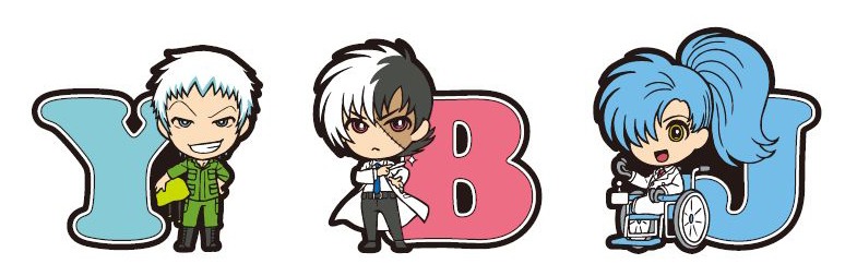 左からラバーキーホルダーY（キリコ）、ラバーキーホルダーB（間黒男）、ラバーキーホルダーJ（百樹丸雄）。