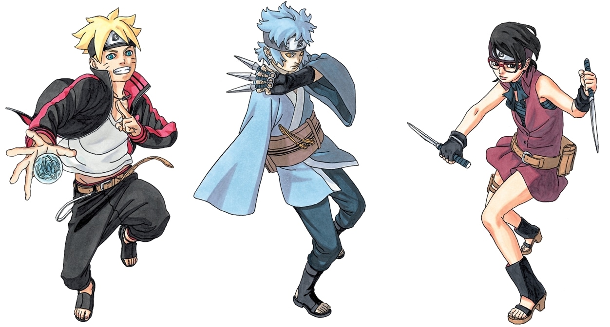 「BORUTO-ボルト- -NARUTO NEXT GENERATIONS-」のカット。（左から）ボルト、ミツキ、サラダ。(c)岸本斉史・池本幹雄 スコット／集英社