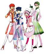 高木ユーナが描き下ろした「ドルメンX」の隊長、イチイ、ニイ、サイ。TSUTAYA三軒茶屋店の応援アイドルとしてオリジナルの衣装に身を包んでいる。