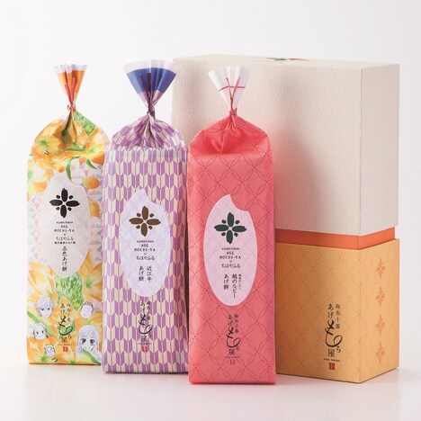 「麻布十番・あげもち屋」が販売する、「ちはやふるコラボあげもち3袋セット」。