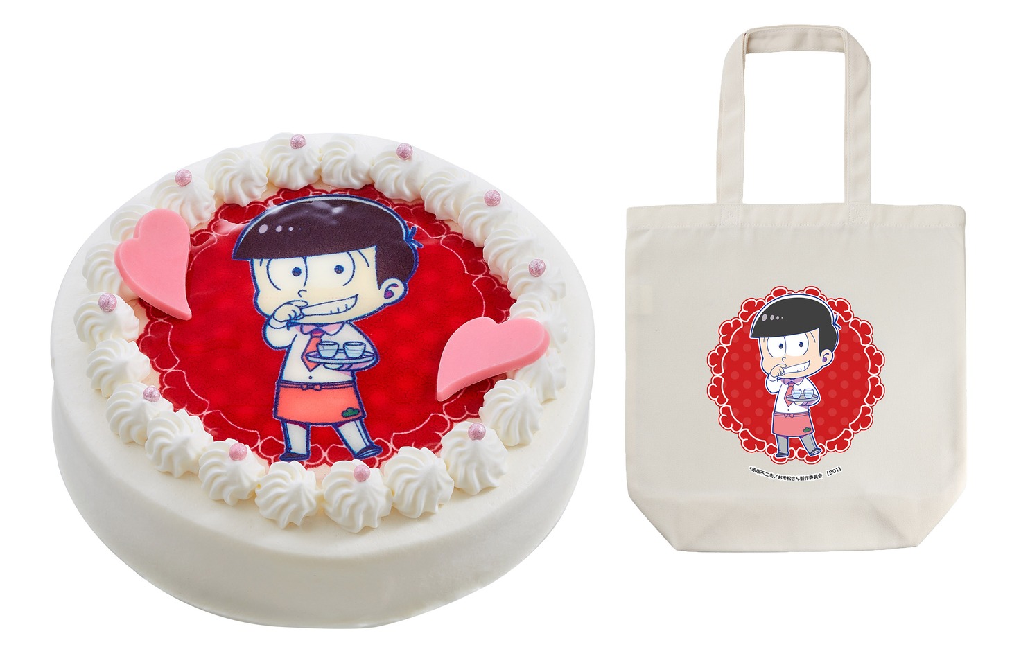 おそ松が描かれたキャラクターケーキと、購入特典のトートバッグ。