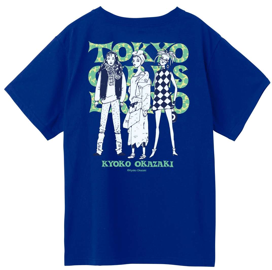 「【岡崎京子】X-girl×KYOKO OKAZAKI 3GIRLS S/S BIG TEE」ブルーのバックデザイン。