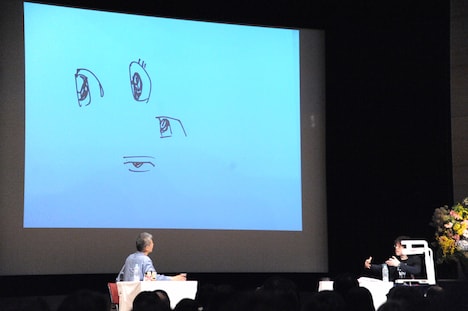 手塚治虫の目の描き方の変移を説明する浦沢直樹。