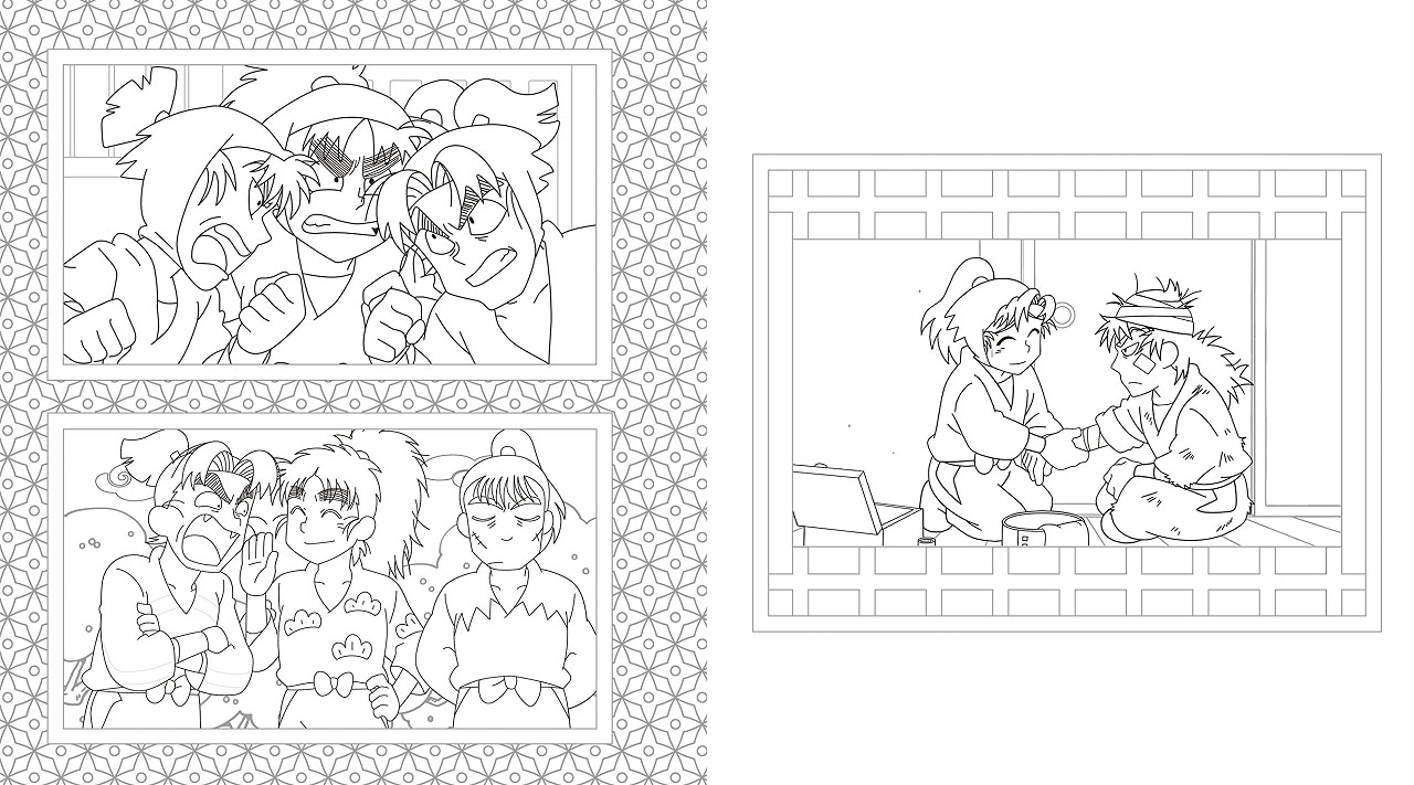 「忍たま乱太郎COLORINGBOOK 忍たま乱太郎 ぬり絵の段」の中面。