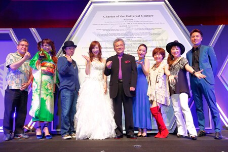 （左から）松尾衡、ICI a.k.a.市川愛、菊地成孔、森口博子、池田秀一、潘めぐみ、米倉千尋、MIQ、石田匠。