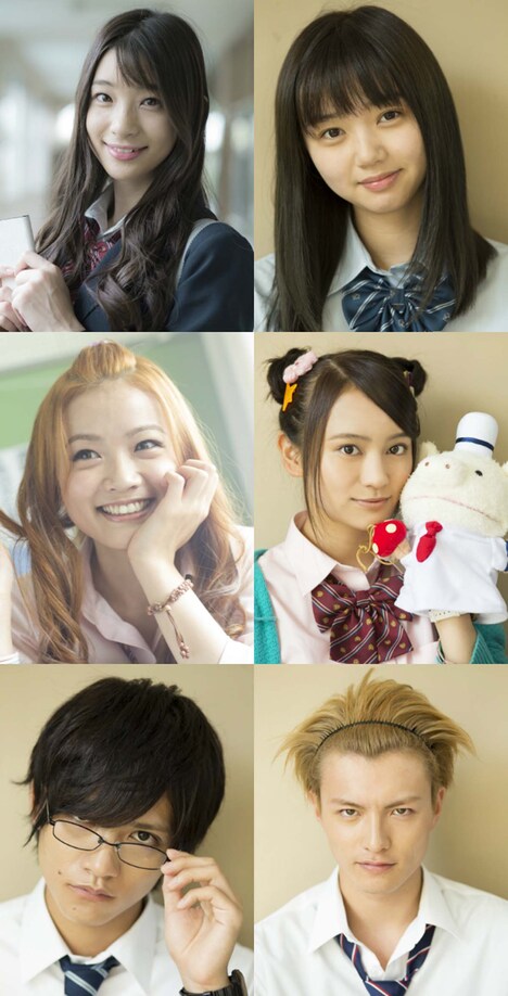 キャラクターに扮したキャストたちのビジュアル。（上段左から）足立梨花、江野沢愛美。（中段左から）加弥乃、岡田結実。（下段左から）藤田富、小南光司。